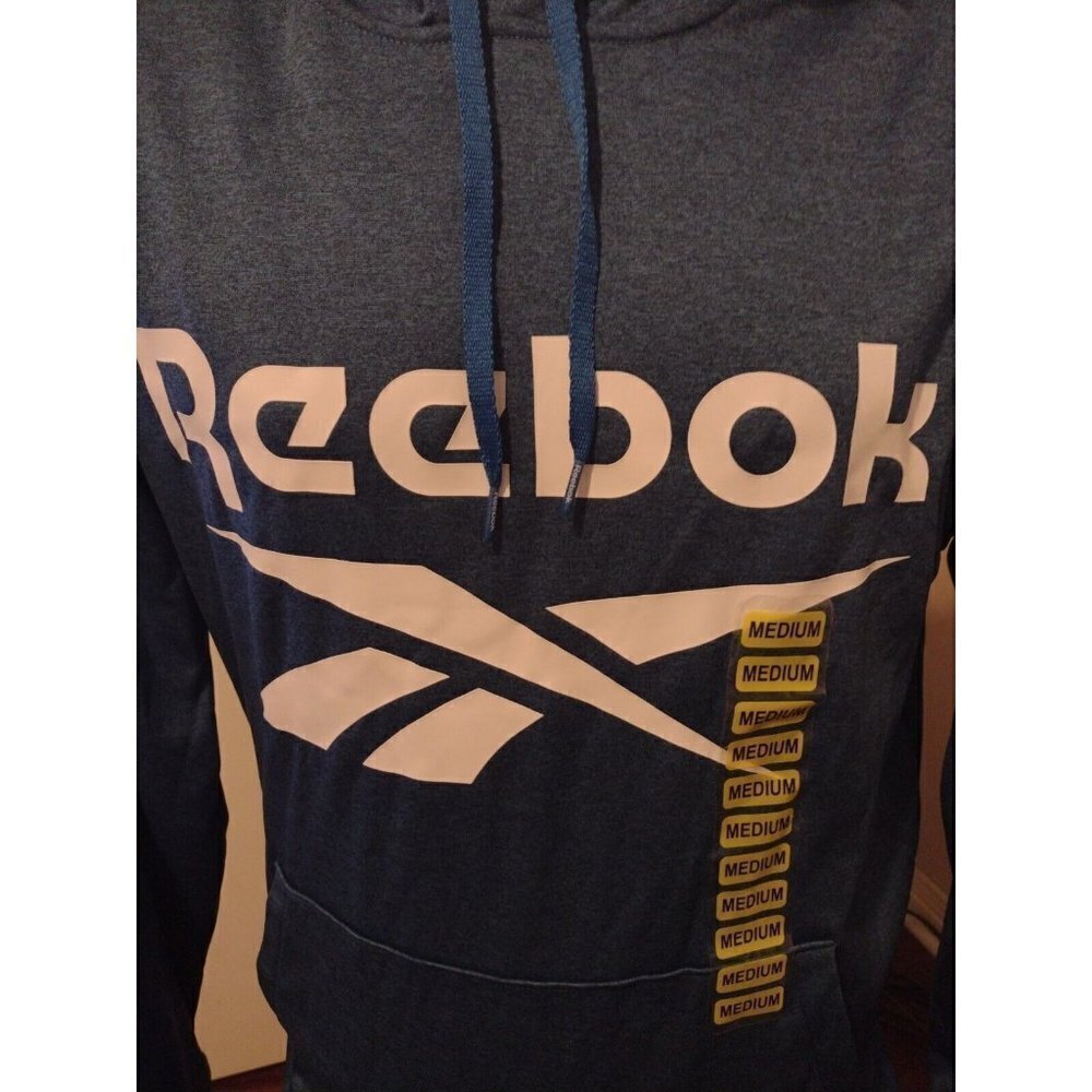NWT New Reebok Pullover Hoodie Men's Size Medium M Blue Drawstring Polyester L/S - Picture 2 of 12